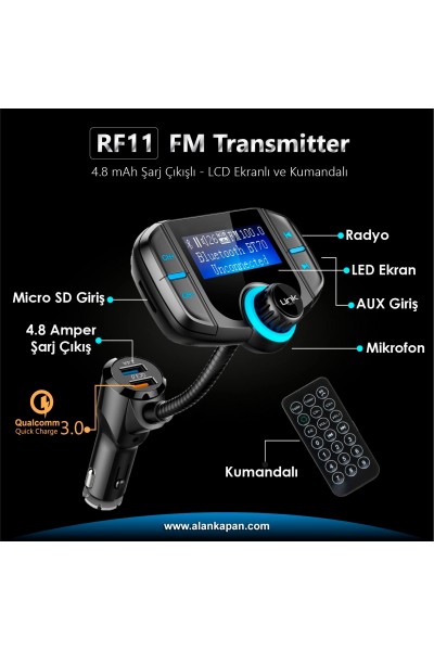 RF11 4.8 mAh Fast Charge Output LCD Screen Remote Control FM Transmitter