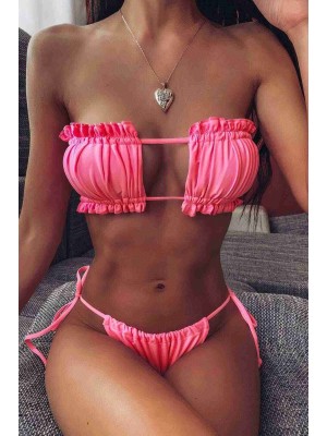 Angelsin Brezilya Model Büzgülü Bağlamalı Bikini Takım Pembe