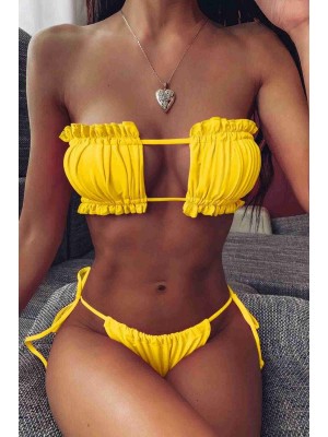 Angelsin Brezilya Model Büzgülü Bağlamalı Bikini Takım Sarı