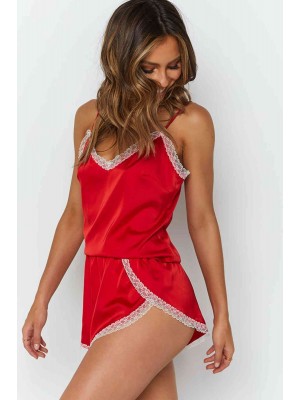 Merry See Dantel İşlemeli Saten Tulum Gecelik Pijama Kırmızı