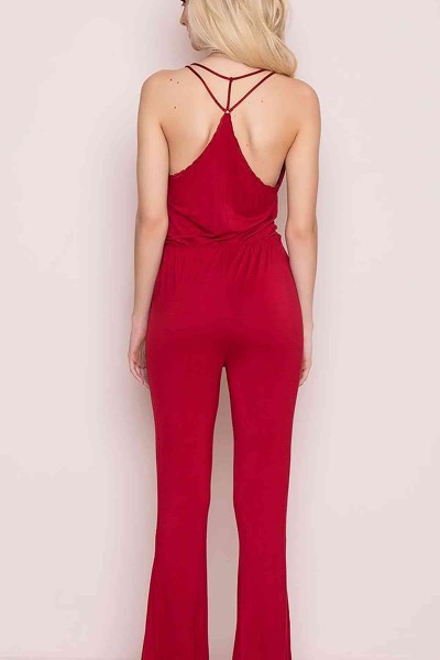 Merry See Kırmızı Dantel İşlemeli Askılı Eşofman Pijama Tulum