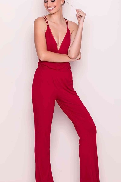 Merry See Kırmızı Dantel İşlemeli Askılı Eşofman Pijama Tulum