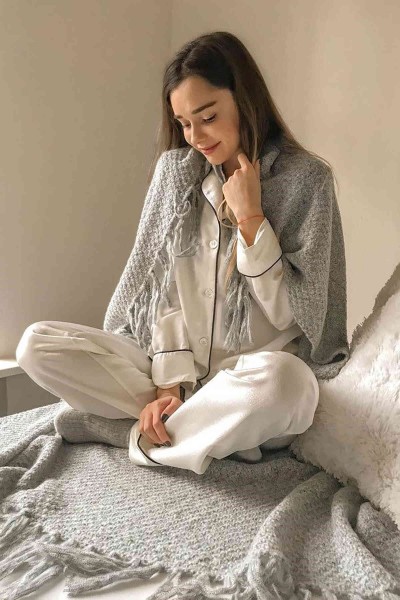 Merry See Saten Pijama Takım Düğmeli Beyaz Merry See Saten Pijama Takım Düğmeli Beyaz