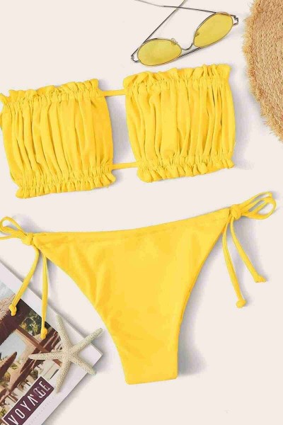 Angelsin Brezilya Model Büzgülü Bağlamalı Bikini üst Sarı