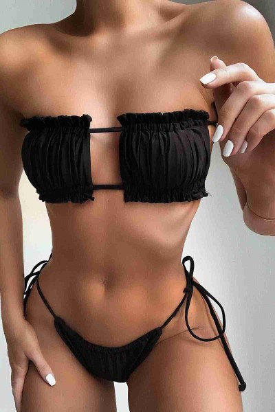 Angelsin Brezilya Model Büzgülü Bağlamalı Bikini üstü Siyah