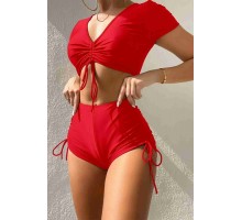 Angelsin özel Tasarım Yarım Kol Büzgü Detaylı Bikini Takım Kırmızı