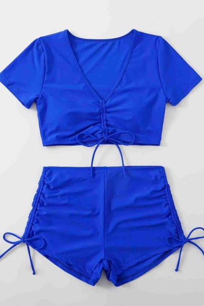 Angelsin özel Tasarım Yarım Kol Büzgü Detaylı Bikini Takım Mavi