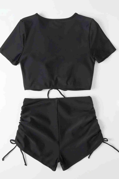 Angelsin özel Tasarım Yarım Kol Büzgü Detaylı Bikini Takım Siyah