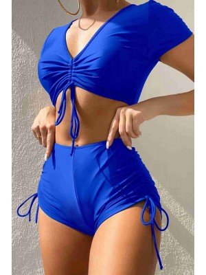 Angelsin özel Tasarım Yarım Kol Büzgü Detaylı Bikini üstü Mavi
