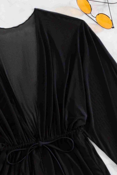 Angelsin Uzun önden Bağlamalı Plaj Elbisesi Pareo Kimono Siyah