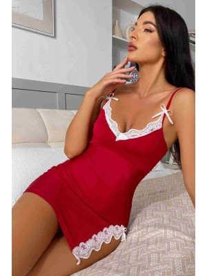 Merry See Bacak Yırtmaçlı Dantel İşlemeli Gecelik Babydoll Iç Giyim Kırmızı