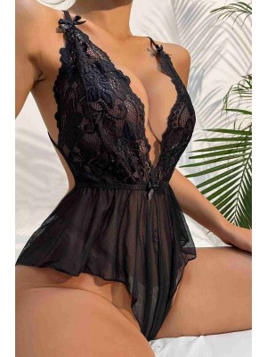 Merry See Dantelli Gecelik Babydoll Bodysuit Siyah