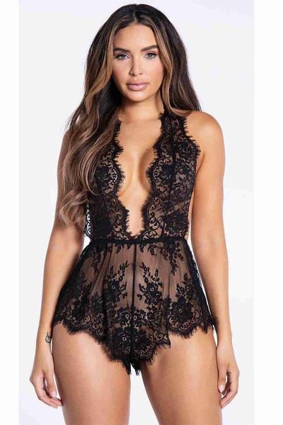 Merry See şık Dantelli Gecelik Babydoll Bodysuit Tulum Siyah