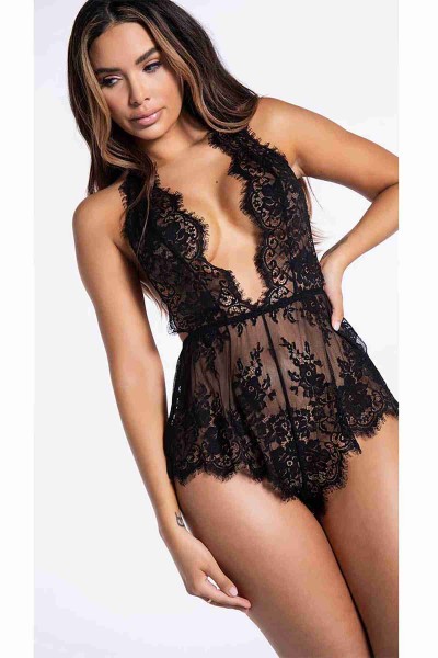 Merry See şık Dantelli Gecelik Babydoll Bodysuit Tulum Siyah