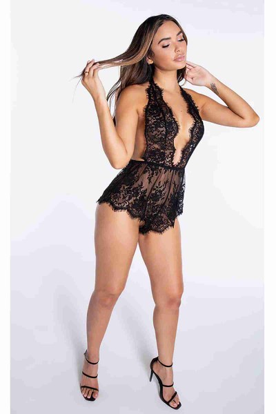 Merry See şık Dantelli Gecelik Babydoll Bodysuit Tulum Siyah