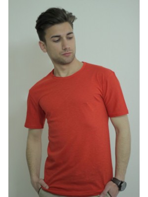 Erkek Kırmızı Bisiklet Yaka Likralı Basic Tişört Tshirt