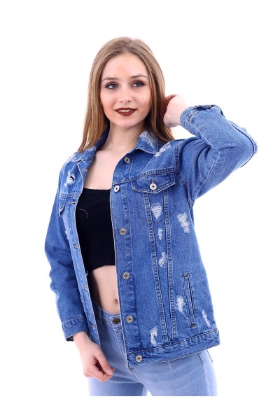 Kadın Mavi Sırt Yazılı Yırtık Denim Ceket