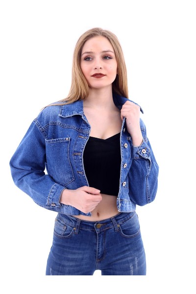 Kadın Mavi Yıkamalı Boyfriend Denim Ceket