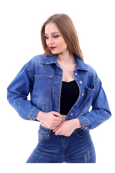 Kadın Mavi Yıkamalı Boyfriend Denim Ceket