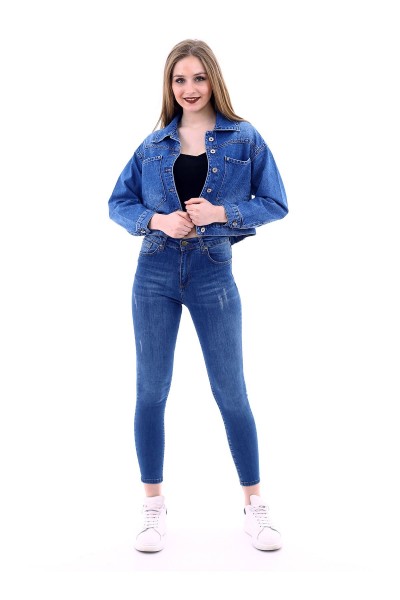 Kadın Mavi Yıkamalı Boyfriend Denim Ceket