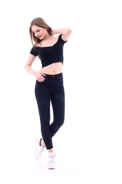 Kadın Füme Likralı Tırnaklı Yüksek Bel Kot Pantolon