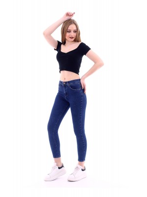 Kadın Koyu Mavi Likralı Yüksek Bel Düz Kot Pantolon