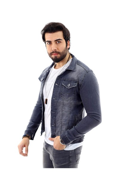 Erkek Gri Likralı Düğmeli Slim Fit Denim Kot Ceket