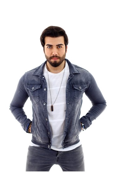 Erkek Gri Likralı Düğmeli Slim Fit Denim Kot Ceket