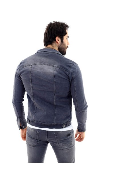 Erkek Gri Likralı Düğmeli Slim Fit Denim Kot Ceket