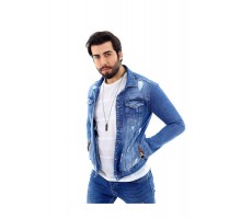 Erkek Mavi Yırtıklı Slim Fit Denim Kot Ceket