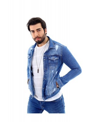 Erkek Mavi Yırtıklı Slim Fit Denim Kot Ceket