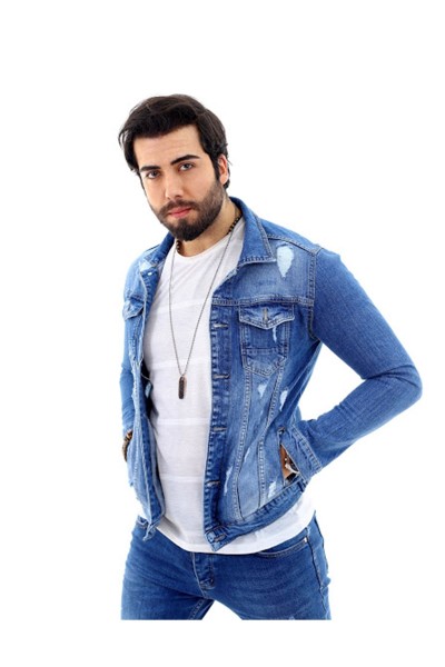 Erkek Mavi Yırtıklı Slim Fit Denim Kot Ceket