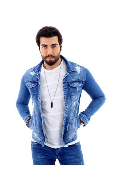 Erkek Mavi Yırtıklı Slim Fit Denim Kot Ceket