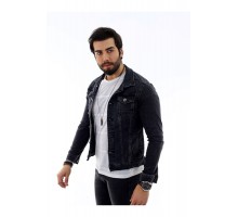 Erkek Antrasit Düğmeli Slim Fit Denim Kot Ceket