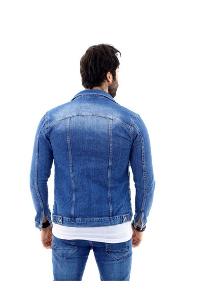 Erkek Mavi Yırtıklı Slim Fit Denim Kot Ceket