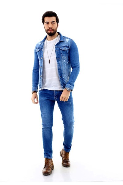 Erkek Mavi Yırtıklı Denim Jeans Kot Ceket + Koyu Mavi Slim Likralı Tırnaklı Denim Jean Pantolon