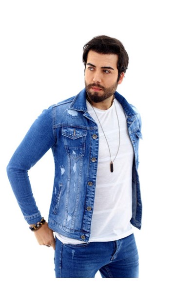 Erkek Mavi Yırtıklı Denim Jeans Kot Ceket + Koyu Mavi Slim Likralı Tırnaklı Denim Jean Pantolon