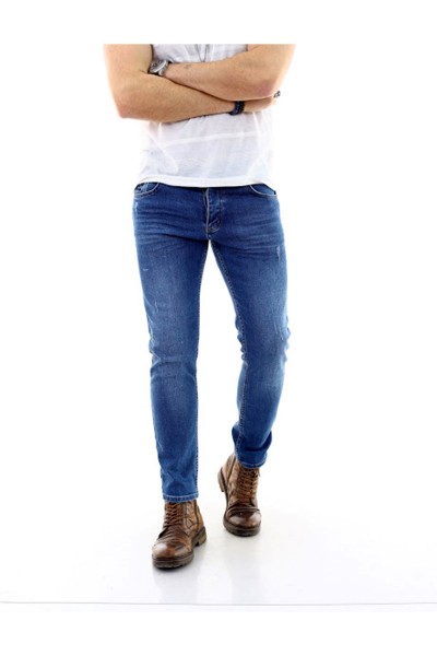 Erkek Mavi Yırtıklı Denim Jeans Kot Ceket + Koyu Mavi Slim Likralı Tırnaklı Denim Jean Pantolon