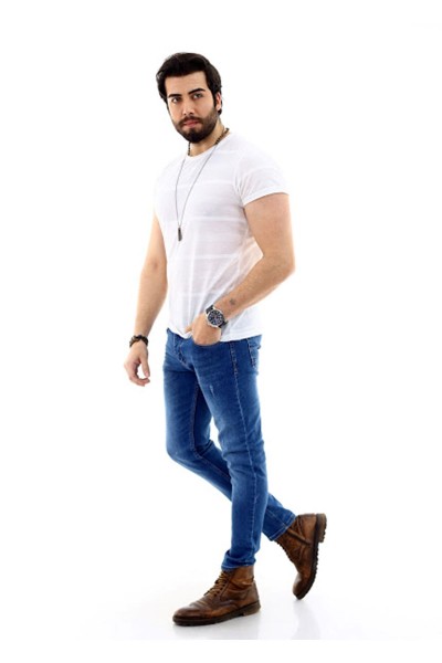 Erkek Mavi Yırtıklı Denim Jeans Kot Ceket + Koyu Mavi Slim Likralı Tırnaklı Denim Jean Pantolon