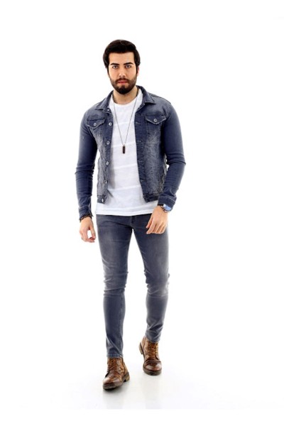 Erkek Gri Likralı Denim Jeans Kot Ceket + Açık Gri Slim Likralı Denim Jean Kot Pantolon