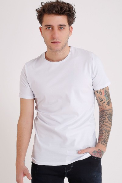 Erkek Beyaz Bisiklet Yaka Likralı Basic Tişört  Tshirt