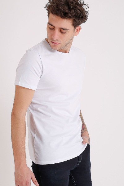 Erkek Beyaz Bisiklet Yaka Likralı Basic Tişört  Tshirt