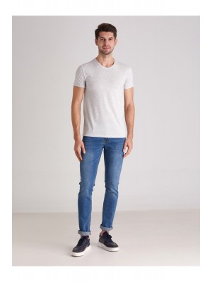 Erkek Açık Gri Bisiklet Yaka Düz Basic Tişört Tshirt