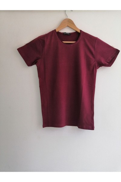 Erkek Bordo Bisiklet Yaka Likralı Basic Body Tişört Tshirt