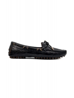 Patara kadın siyah kroko desenli hakiki deri loafer ayakkabı