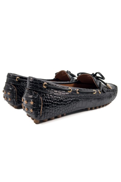 Patara kadın siyah kroko desenli hakiki deri loafer ayakkabı-TZC-PATARA-SKD