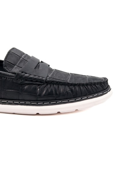 Pergamon siyah kroko desenli hakiki deri erkek günlük loafer ayakkabı-TZC-PERGAMON-SKD