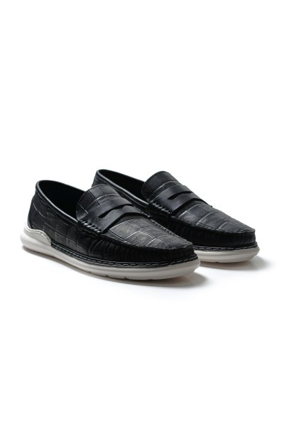 Pergamon siyah kroko desenli hakiki deri erkek günlük loafer ayakkabı-TZC-PERGAMON-SKD
