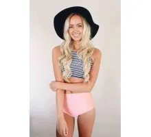 Angelsin Altı Pembe üstü Cizgili Yüksek Bel Tankini Bikini Takım