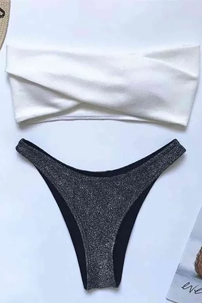 Angelsin Altı Simli üstü Beyaz Bikini Takım çok Renkli Angelsin Altı Simli üstü Beyaz Bikini Takım çok Renkli